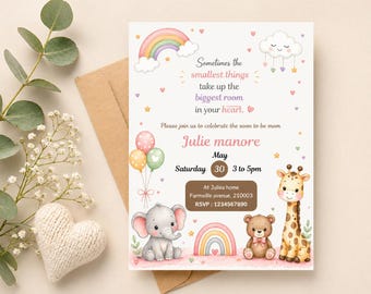 Pastell Safaritiere Babypartyeinladung, bearbeitbare Canva-Vorlage (digitaler Download)