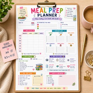 May include: A meal prep planner on a clipboard with sections for meal plans, grocery lists, prep schedules, and notes. The white paper features colorful text and icons, including the title Meal Prep Planner, Plan Today, Eat Well All Week!, and a note stating sizes available are A4 and 8.5 x 11 inches.