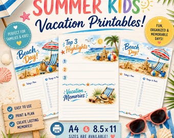 Planejador de férias infantis para um dia na praia, lista de atividades de verão, viagens em família (A4/8,5x11)