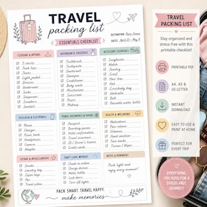 May include: A printable travel packing list featuring categories like clothing, toiletries, tech gear, and documents. The document includes checkboxes for items such as t-shirts, passport, and medications, with text reading TRAVEL packing list, ESSENTIALS CHECKLIST, and PACK SMART. TRAVEL HAPPY.