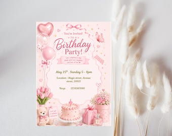 Bearbeitbares rosa Blumengeburtstagseinladungs-Bundle, Mädchen-Party einladen (digitaler Download)