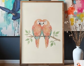 Romantisches Papagei Paar, Aquarell Papageien Wandbild, Druckbare Wandkunst, Boho Dekor (Digitaler Download)