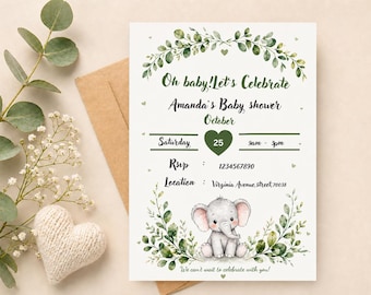 Baby Elefant-Babyparty-Einladungs-Vorlage | Aquarell Neutral Botanische Digitale Einladung (Printable / Text)