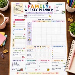 May include: A white paper family weekly planner on a clipboard with colorful sections for goals, meal planning, chores, and budget. The header reads FAMILY WEEKLY PLANNER with the text A little plan today, a better week together! and includes icons.