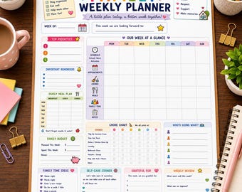 Planificador semanal familiar imprimible, organizador, horario, plan de comidas (PDF A4/8.5x11)