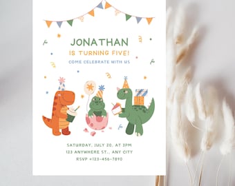 Dinosaurier-Geburtstagseinladung | Bearbeitbar 5x7 Printable + Animiertes Video (Canva Template)