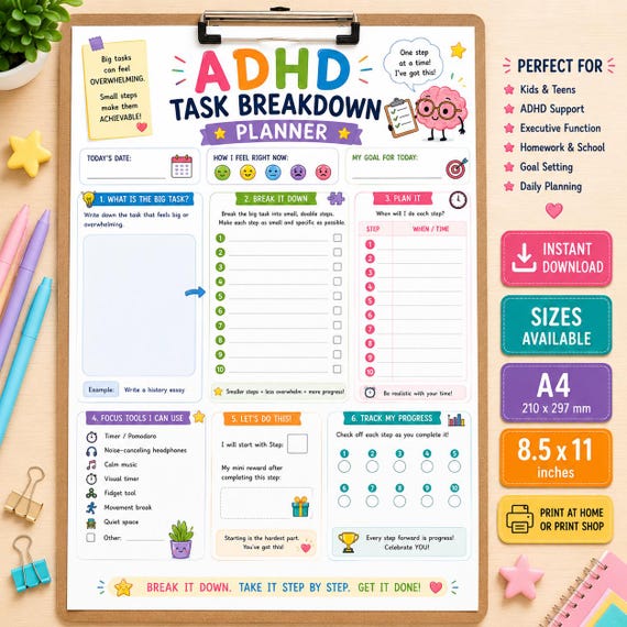 ADHD Task Breakdown Planner Printable, Kids Executive Function Worksheet (A4/8.5x11 PDF)