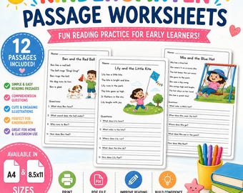 Kindergarten Lesepassagen Bündel | Verstehen Arbeitsblätter, Geschichten mit Fragen (Digitaler Download)