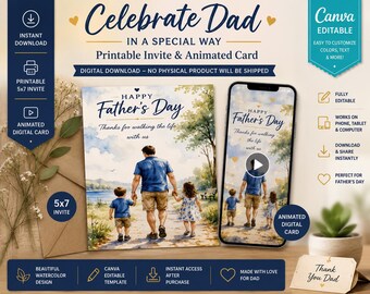 Father's Day Canva Template Bundle | Watercolor Invite & Animated Card (Digital Download)