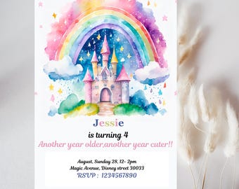 Aquarell “Prinzessin Schloss Regenbogen Geburtstagseinladung” | Digitaler Download
