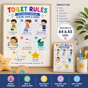 May include: A bathroom wall sign titled TOILET RULES with eight numbered illustrations showing hygiene steps for children. The poster includes text instructions, colourful graphics, and a list of uses. It is available in A4 and A5 sizes.