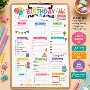 Puede incluir: Un planificador de fiestas de cumplea&ntilde;os en un portapapeles con ilustraciones coloridas de globos, un pastel y art&iacute;culos de fiesta. El documento incluye secciones para listas de invitados, presupuesto y actividades, con etiquetas de tama&ntilde;o A4 y 8.5 x 11.