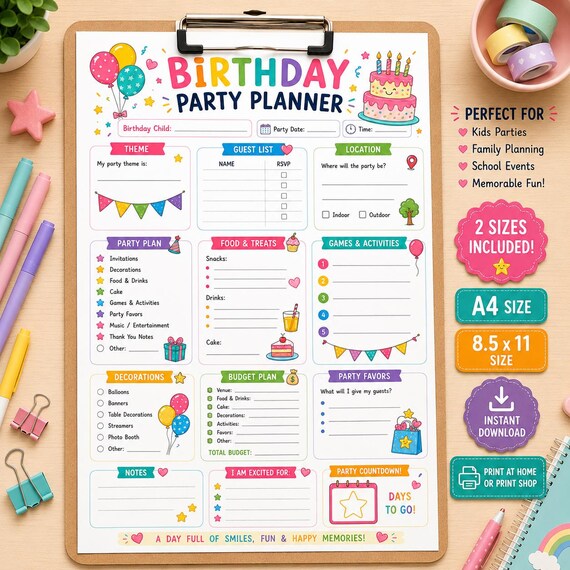 Kids Birthday Planner Printable, Kids Party Checklist (A4, 8.5x11 PDF)