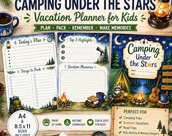 Planejador de férias de acampamento para crianças, Diário de viagem Estrelas de Verão (Download Digital)