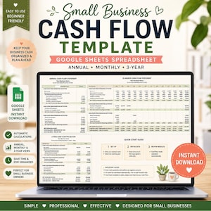 May include: A laptop displays a "Small Business Cash Flow Template" spreadsheet. The template is designed for Google Sheets and offers annual, monthly, and 3-year views. Features include automatic calculations and instant download. The design is simple, professional, effective, and designed for small businesses.