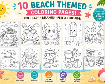 10 Strand thematische Ausmalseiten für Kinder | Sommerspass (Digital Download)