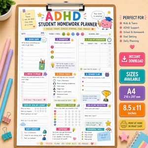 May include: A clipboard holding an ADHD student homework planner with colorful sections for brain dumping, prioritizing, planning, breaking down tasks, focus tools, reward plans, progress tracking, and end-of-day reflection, featuring cartoon illustrations.