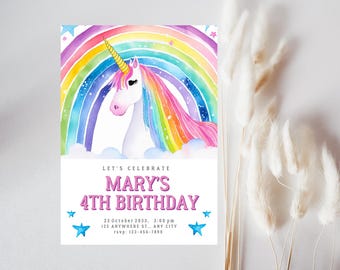 Einhorn Geburtstagseinladung | Regenbogen Aquarell Vorlage (Digitaler Download)