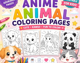Anime Tiere Malseiten zum Ausmalen für Kinder | Kawaii Druckbare Sheets (Digitaler Download)