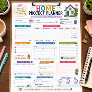 May include: A home project planner sheet on a clipboard with sections for project ideas, active projects, budget, materials, and timeline. The document features colorful headers, icons, and text including Home Project Planner, Plan it. Do it. Love where you live.