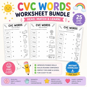 May include: A colorful worksheet bundle for CVC words, featuring three pages with word-matching exercises. The worksheets are designed for early literacy skills, with a focus on phonics and reading confidence. Includes the text "Read, Match & Learn!"