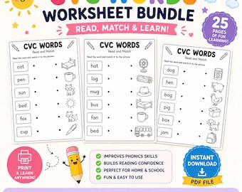CVC Arbeitsblätter zum Ausdrucken | Vorschul Phonics Aktivitäten | Kindergarten Lese Arbeitsblätter | A4 A5 PDF
