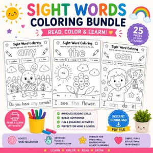 Può includere: Un colorato pacchetto di libri da colorare con parole chiave con il testo "Sight Words Coloring Bundle Read, Color & Learn!". Il pacchetto include tre pagine da colorare con le parole "any", "the" e "can". L'immagine include anche una tazza gialla con pastelli e una piccola pianta in vaso.