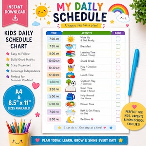 May include: A printable daily schedule chart for children featuring a colourful table with time slots from 7:00 AM to 8:00 PM, activity icons, and checkboxes. The chart includes text like My Daily Schedule, A4 & 8.5 x 11 sizes available, and I can do it.