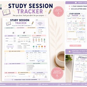 May include: A printable ADHD-friendly study planner with the text "Study Session Tracker." The planner includes sections for goals, focus, and progress tracking. Available in A4 (210 x 297 mm) and US Letter (8.5 x 11 in) sizes.