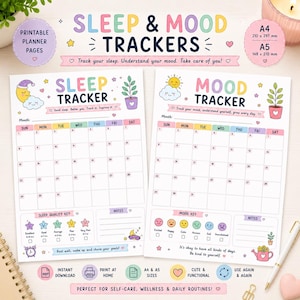 May include: Two printable planner pages featuring a sleep tracker and a mood tracker. Both pages include a monthly calendar grid, a key with colorful icons for tracking, and a notes section. The designs feature pastel illustrations of stars, clouds, and plants with text in English. A4 and A5 sizes are indicated.