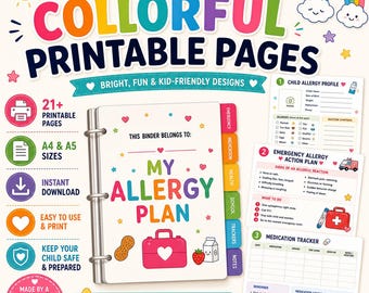 Kids Allergy Bundle- 21 druckbare farbige Seiten-A4 und A5 Journal Größe Seiten- Digitaler Download