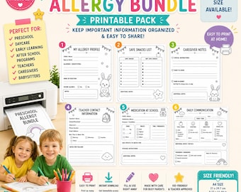 Vorschule Allergie Form Bundle | Schwarz & Weiß Printable Pack (A4, US Letter PDF)