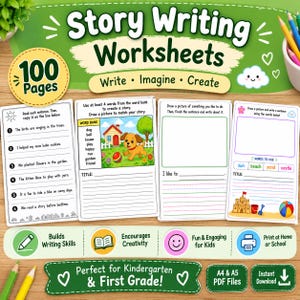May include: A set of 100-page story writing worksheets for children featuring educational prompts, word banks, and drawing spaces. The pages include text such as Story Writing Worksheets, Write, Imagine, Create, and 100 Pages, with colorful illustrations of a dog, a house, and a sandcastle.
