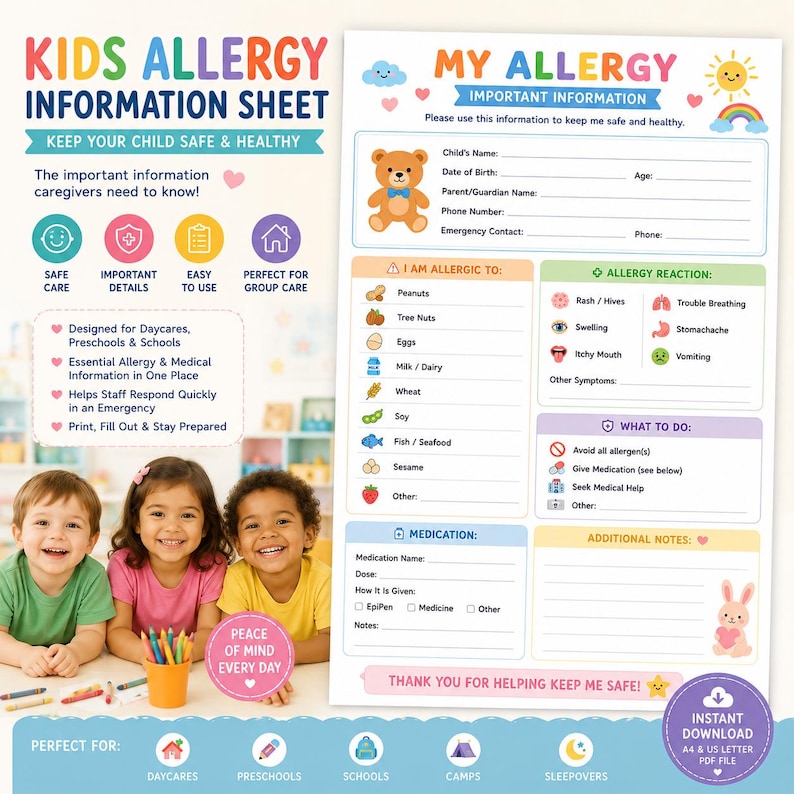 Kids Allergy Information Sheet | Daycare, School, Babysitter Form (A4 ...