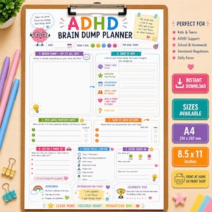 May include: An ADHD brain dump planner on a clipboard with sections for sorting thoughts, prioritising tasks, and tracking focus. The colourful page includes icons, checklists, and text prompts for daily organisation, measuring 210 by 297 mm.