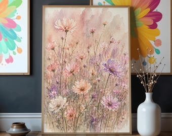 Rosa Wildblumen Aquarell Kunstdruck | Cottagecore Botanische Wanddekoration (Digitaler Download)
