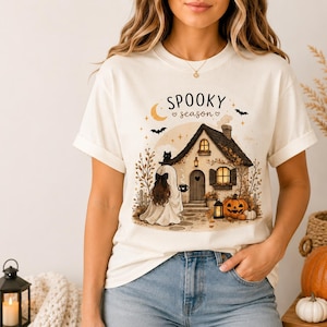 Spooky Season Tee, Cozy Halloween Cottage, Cute Ghost & Black Cat, Pumpkin Patch, Fall Aesthetic, Autumn Gift