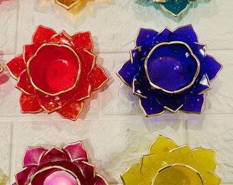 Handmade Resin Lotus Candle Holder - Colorful Diwali Diya - Tea Light Holder for Home Decor, Spiritual Gifts, Festive Decor