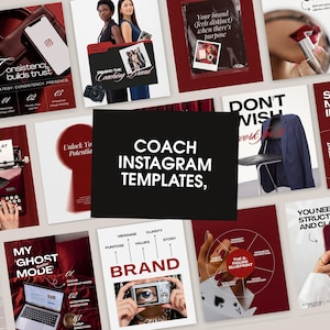 Op de afbeelding: Een verzameling marketing templates met een bordeauxrode en witte kleurstelling. De templates bevatten tekst en afbeeldingen met betrekking tot branding, social media en business coaching. De zin "Coach Instagram Templates" is prominent aanwezig.