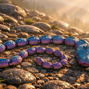 May include: A flexible, articulated toy snake featuring a gradient color scheme that transitions from deep blue to vibrant purple. The surface of the snake is covered in a fine, shimmering glitter texture, and it is composed of multiple segments.