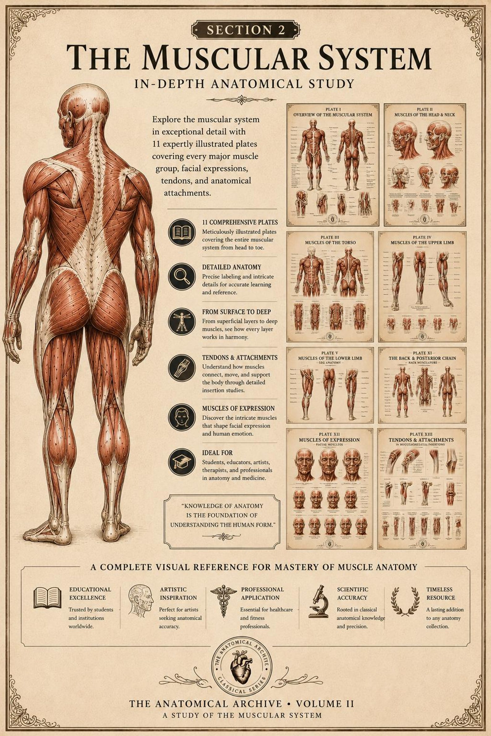 Vintage Muscle Anatomy Wall Art Bundle | Muscular System Posters | Dark ...