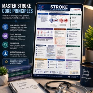 May include: A digital tablet displays a medical reference guide titled "Master Stroke Core Principles." The guide covers stroke types, risk factors, and management. A stethoscope, pen, and coffee mug with "Study Smart Save Lives" are on the desk.