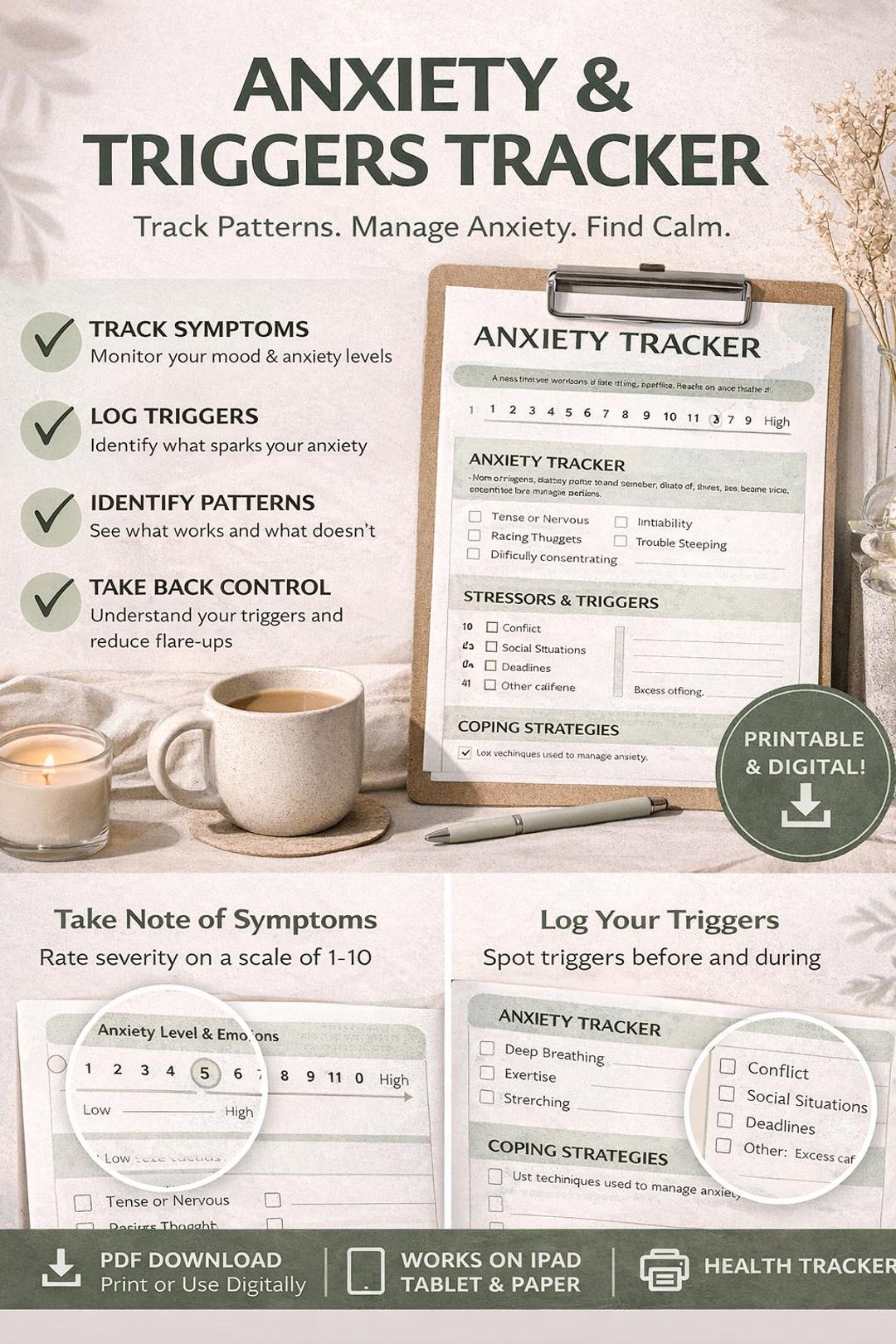 Anxiety and Trigger Tracker Printable | Daily Anxiety Log, Mood Tracker ...