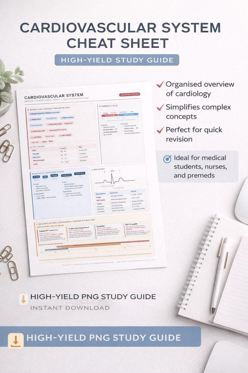 Cardiovascular System Cheat Sheet – High-yield Study Guide - Etsy