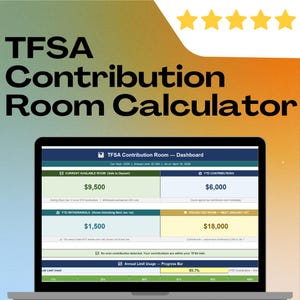 Può includere: Un laptop che mostra un calcolatore della stanza dei contributi TFSA. Lo schermo mostra dati finanziari, tra cui spazio disponibile, contributi e prelievi. Il calcolatore è progettato per aiutare gli utenti a gestire i propri conti di risparmio esentasse. Lo sfondo è sfumato arancione e giallo.