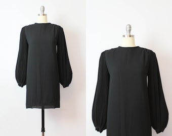 vintage 80s PIERRE CARDIN dress / 1980s designer black dress / micro pleated sleeve dress / balloon sleeve dress