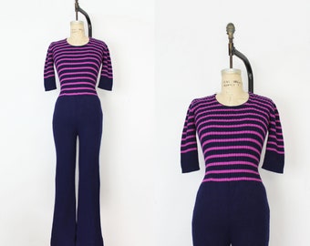 vintage 70s jumpsuit / 1970s knit jumpsuit / striped knit jumpsuit / 1970s striped jumpsuit / sweater jumpsuit / navy purple jumpsuit