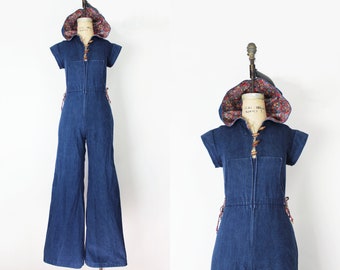 vintage 70s denim jumpsuit / 1970s hooded jumpsuit / wide leg denim jumpsuit / jumpsuit with hood / floral denim jumpsuit