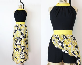 vintage 60s romper dress  / 1960s maxi dress with shorts / cutaway skirt dress / bold print dress skirt / hot pants romper with skirt