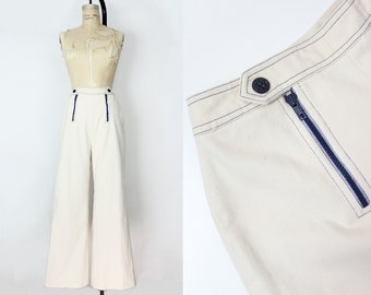 1970s sailor jeans / 1970s wide leg jeans / cream navy jeans / double zipper jeans / deadstock denim / 1970s denim pants / high waist jeans